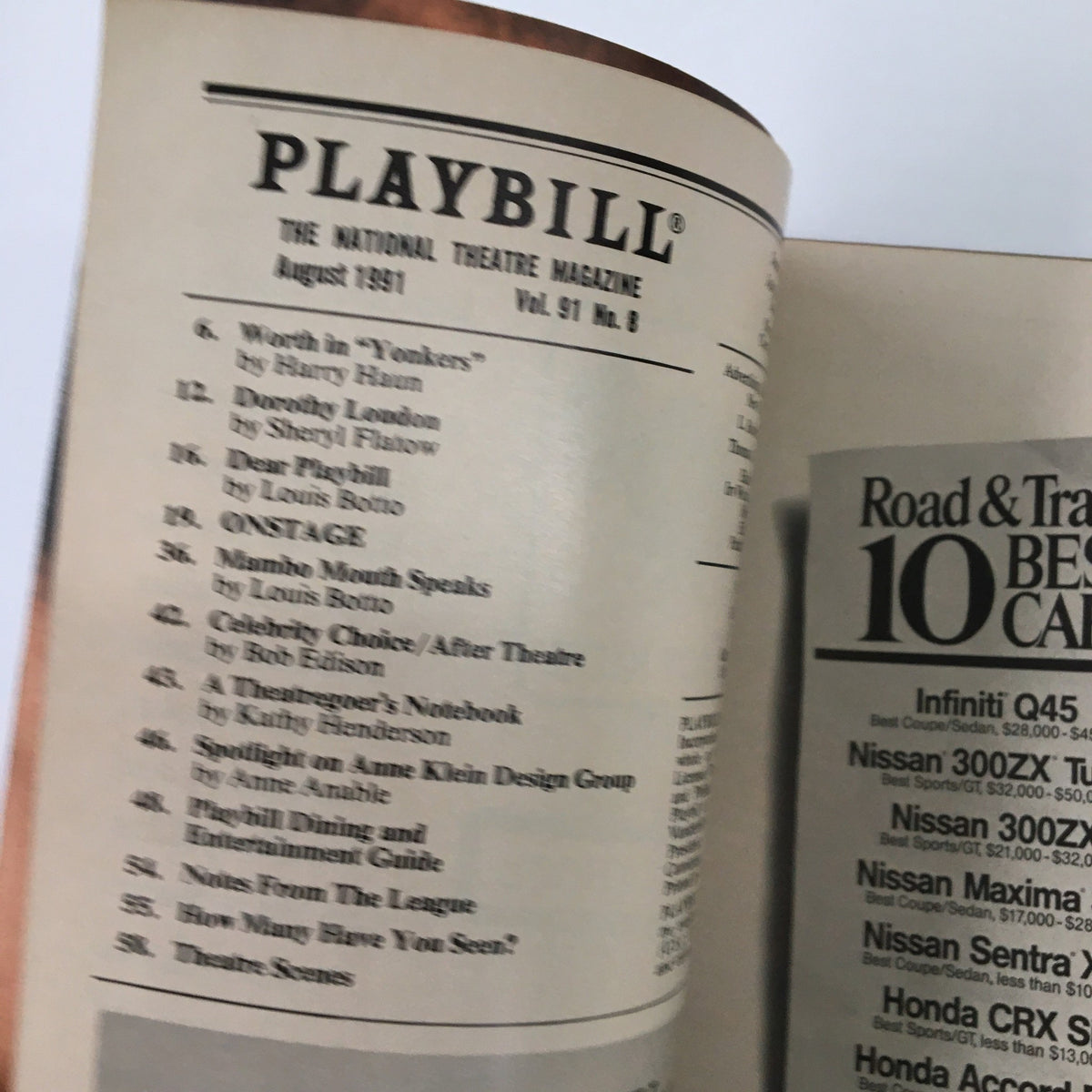 Interior page from the 1991 Playbill for The World Goes 'Round, showcasing articles and advertisements from the August 1991 edition.