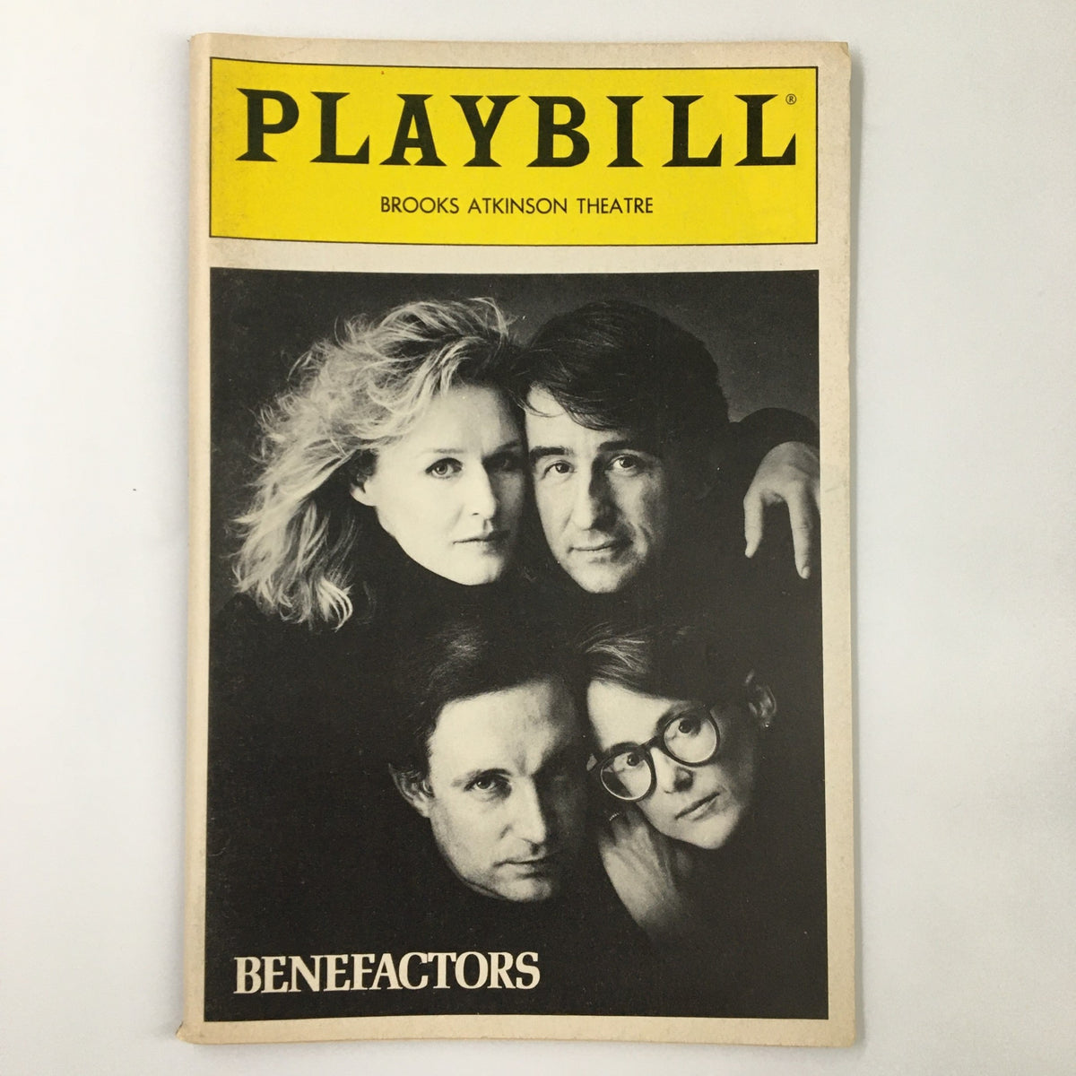 1986 Playbill Brooks Atkinson Theatre featuring Glenn Close in Benefactors with cast members portrait.