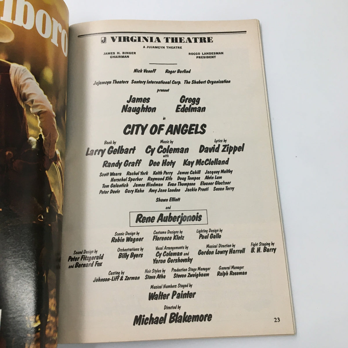 Program details page from the 1990 Playbill at Virginia Theatre, listing the cast and crew of City of Angels, directed by Michael Blakemore.