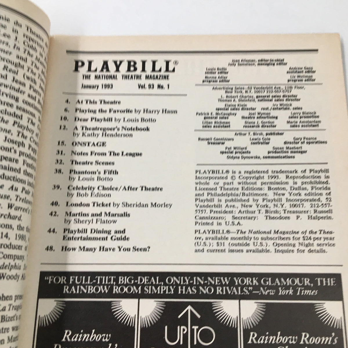 Inside page of the 1993 Playbill for 'My Favorite Year' at Lincoln Center Theatre, featuring a table of contents and theatrical notes.