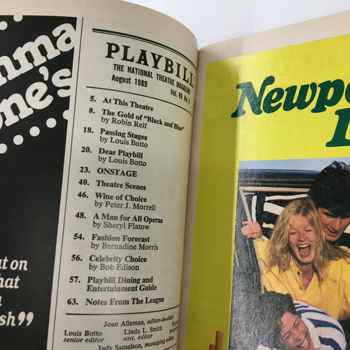 Inside view of the 1989 Playbill for Jerome Robbins' Broadway, featuring the table of contents and advertisements from August 1989.