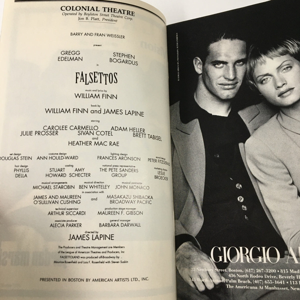 Interior page of the 1993 Playbill for Falsettos showcasing the cast and creative team including Gregg Edelman, emphasizing its Broadway significance.