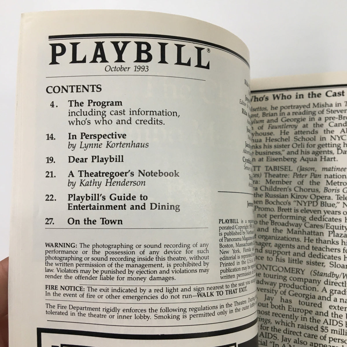 Table of contents page from the 1993 Playbill for Falsettos, outlining articles and program details, representing the informative nature of the magazine.