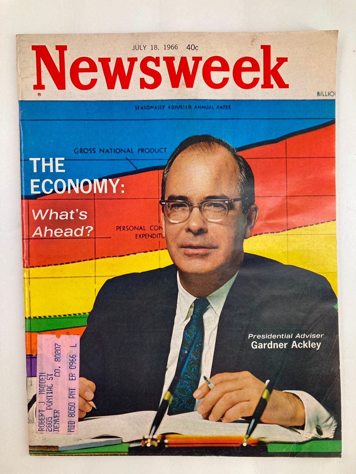 VTG Newsweek Magazine July 18 1966 featuring Presidential Adviser Gardner Ackley on the cover, discussing the economy with a colorful background and insightful graphics.
