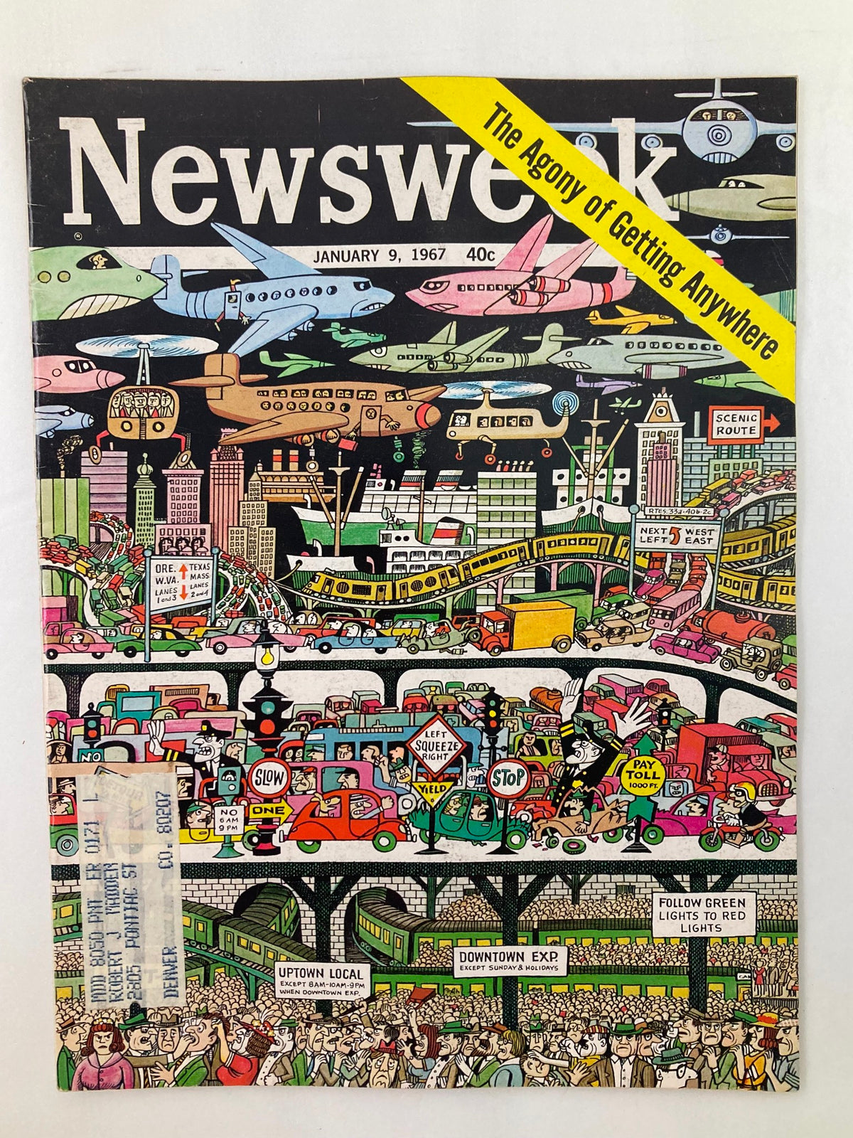 Cover of the VTG Newsweek Magazine dated January 9, 1967, featuring the title 'The Agony of Getting Everywhere' with colorful illustrations depicting transportation and urban congestion.