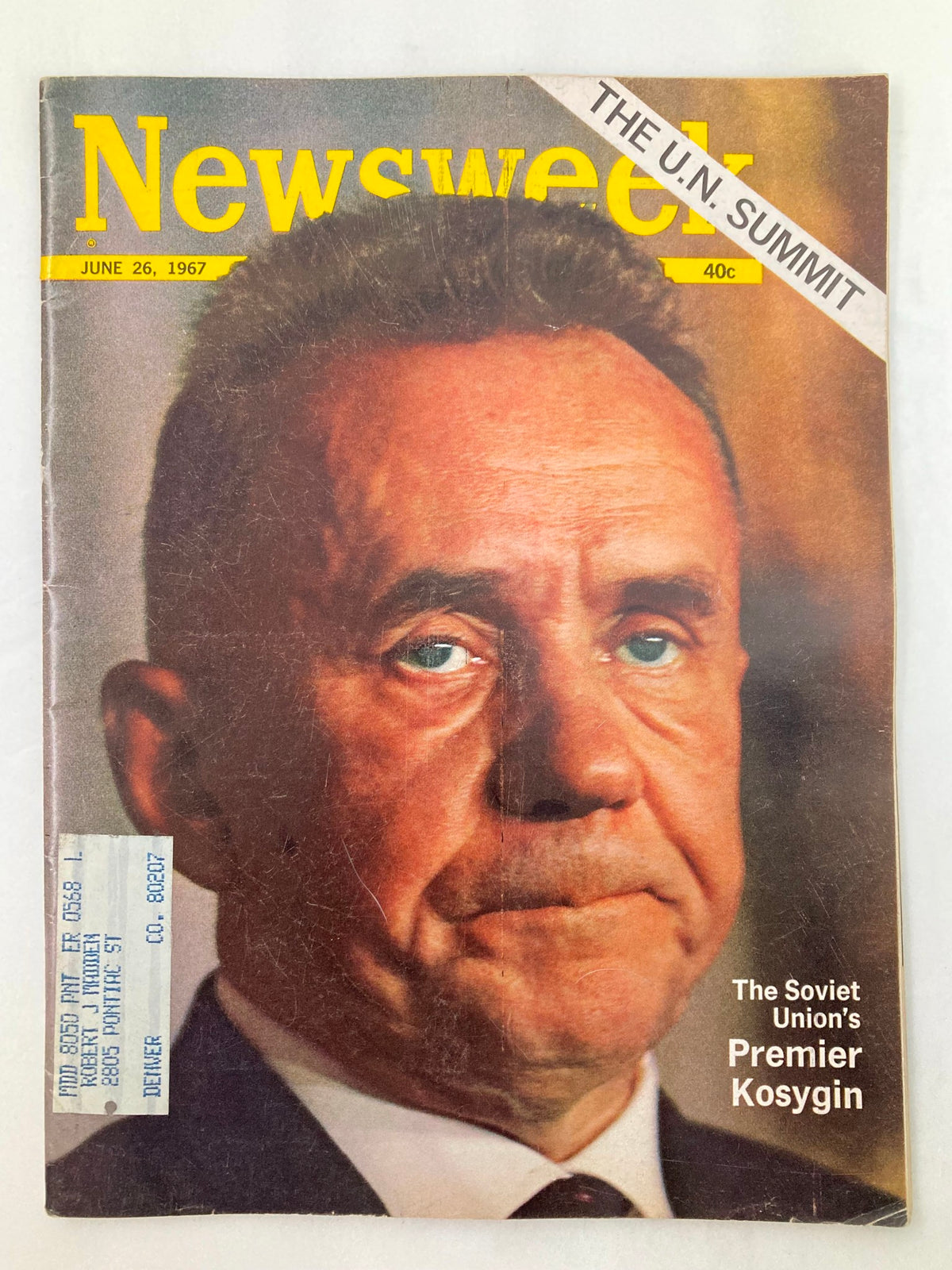 Cover of VTG Newsweek Magazine from June 26, 1967 featuring the Soviet Union's Premier Alexei Kosygin, highlighting the U.N. Summit and depicting a serious expression on Kosygin's face.