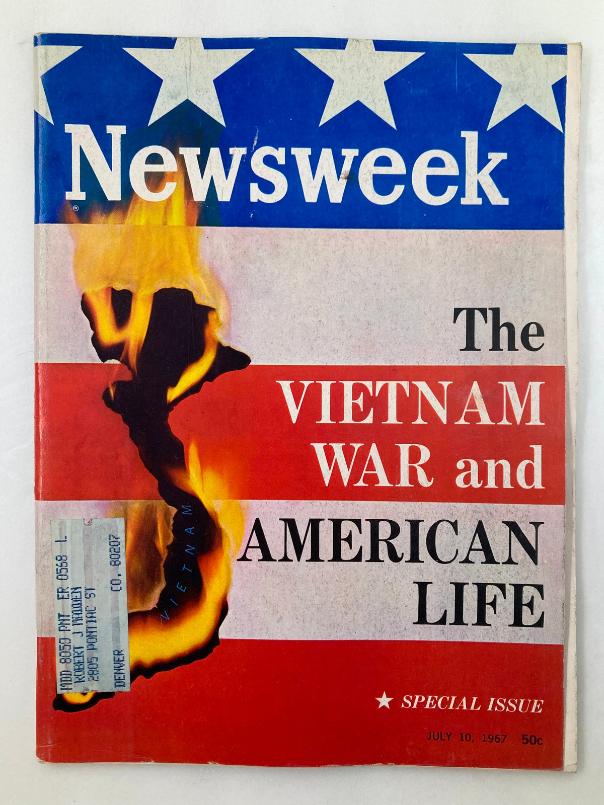 Vintage Newsweek Magazine July 10 1967 featuring a cover graphic illustrating the Vietnam War and American life, with a striking depiction of flames over a silhouette of Vietnam against a red, white, and blue background.