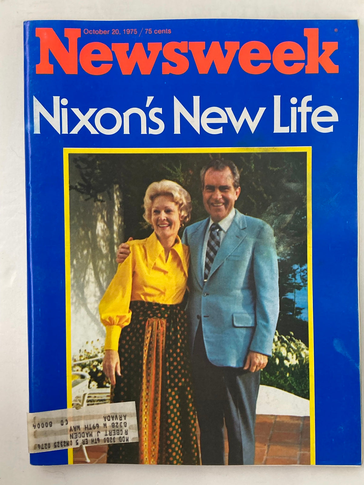 Vintage Newsweek Magazine cover from October 20, 1975, featuring the title 'Nixon's New Life' with a colorful design. The cover shows former President Richard Nixon standing with a woman, representing a significant era in American politics.