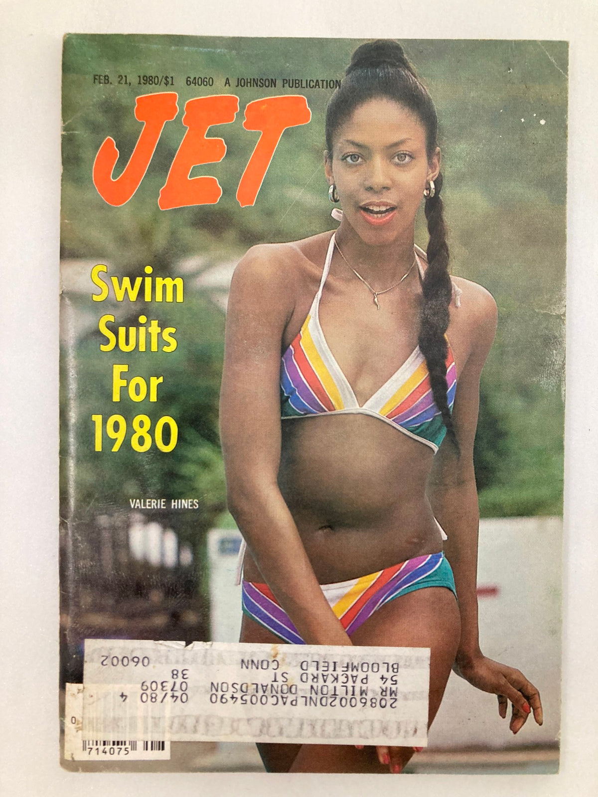 Cover of Vintage Jet Magazine February 21, 1980 featuring Valerie Hines modeling swim suits for 1980, showcasing vibrant swimwear fashion from the era.