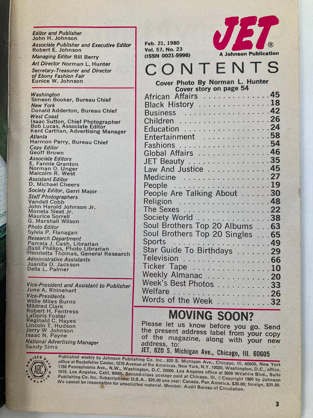 Contents page of Vintage Jet Magazine February 21, 1980, detailing articles including African Affairs, Entertainment, and Fashion, highlighting the cultural significance of the issue.
