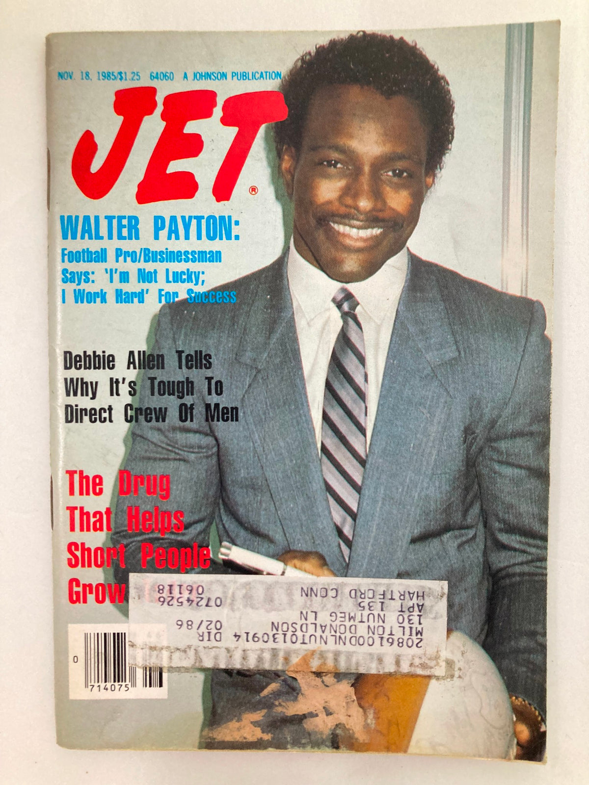 VTG Jet Magazine November 18 1985 featuring Walter Payton on the cover, showcasing his success in football and business. The magazine highlights Debbie Allen's insights and includes advertisements.