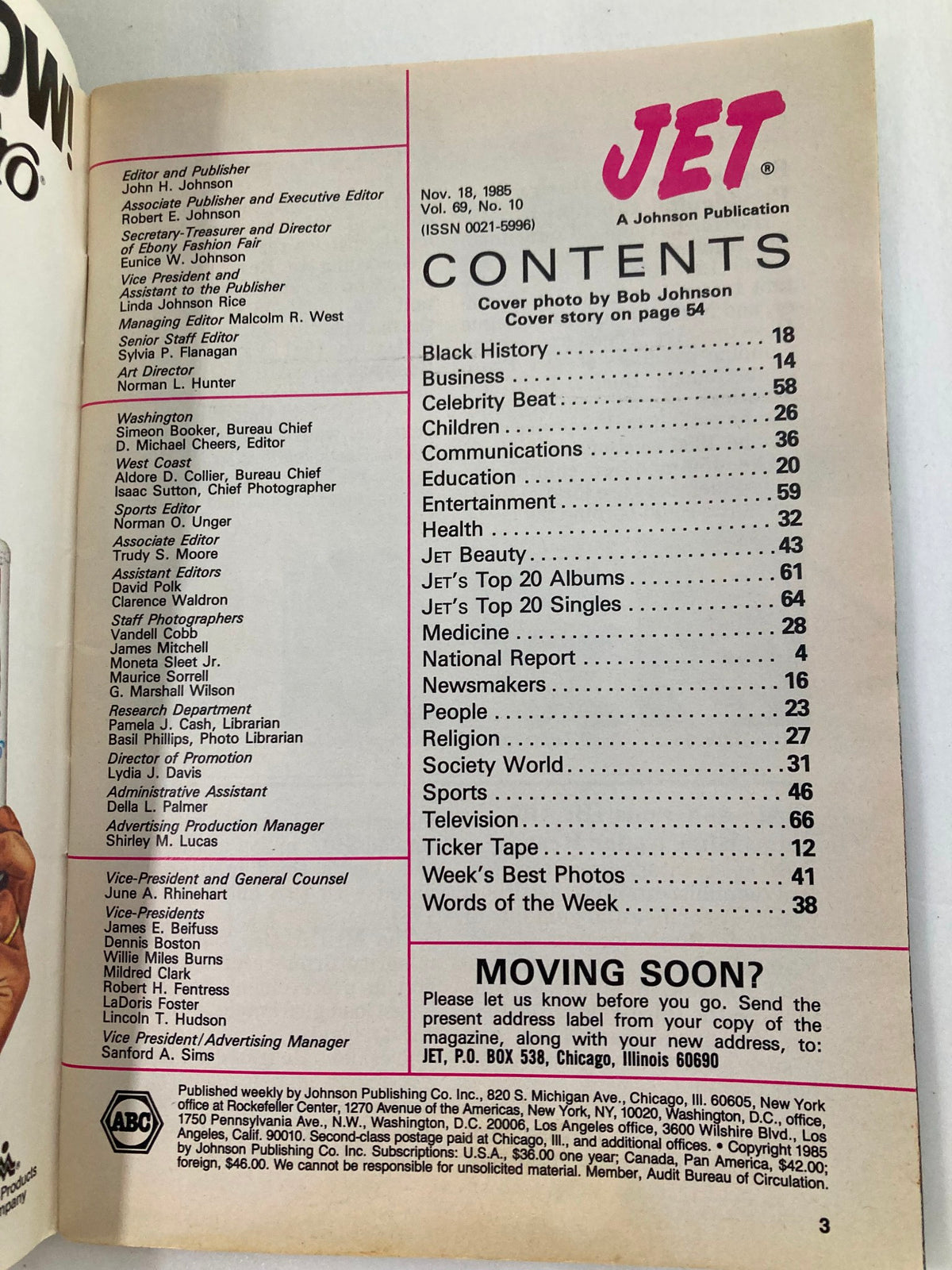Inside page of VTG Jet Magazine November 18 1985, detailing the contents including sections on Black History, Business, and Entertainment, with a cover photo credit to Bob Johnson.