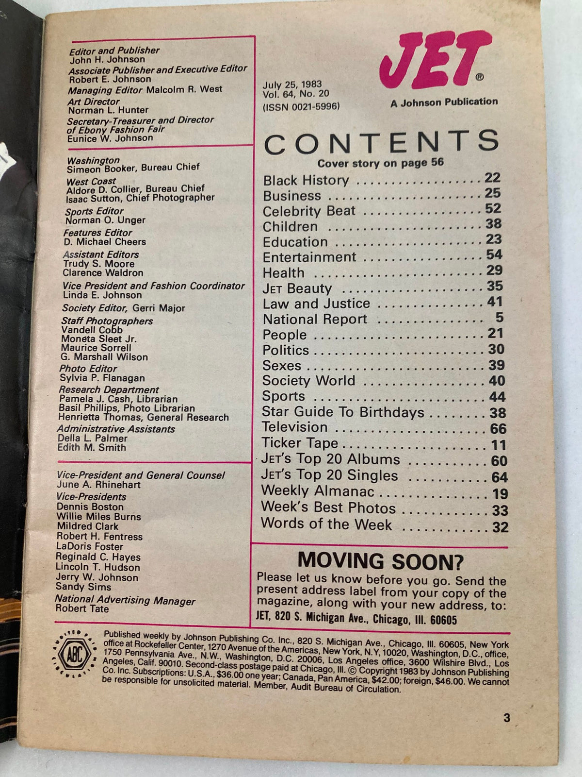 Content page of Jet Magazine July 25, 1983 featuring articles such as Black History, Entertainment, Health, and Celebrity Beat, alongside the title 'VTG Jet Magazine July 25 1983 Aretha Franklin A Talk with the Queen of Soul'.