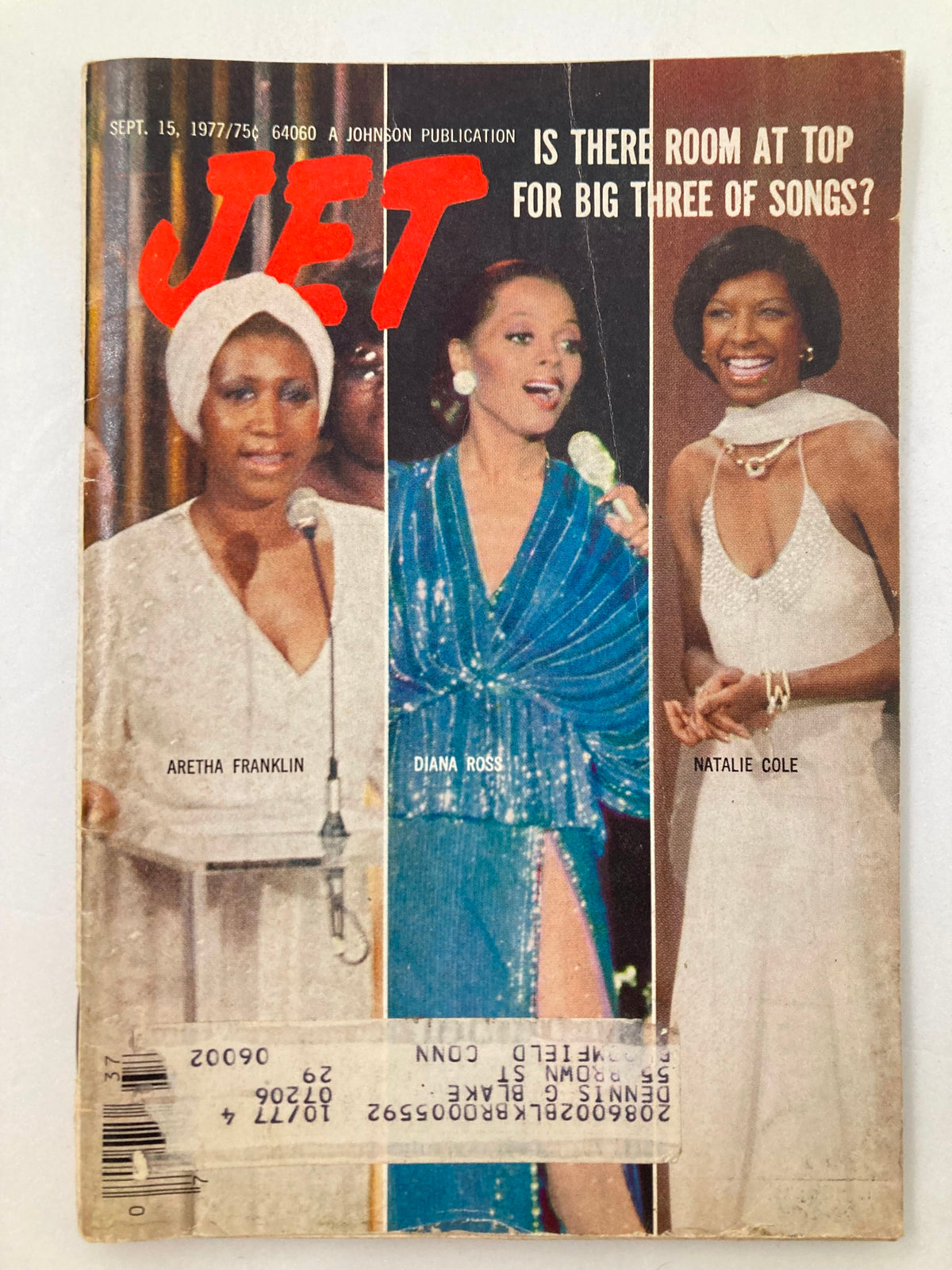 Cover of VTG Jet Magazine from September 15, 1977 featuring Aretha Franklin, Diana Ross, and Natalie Cole, highlighting iconic musicians of the era.