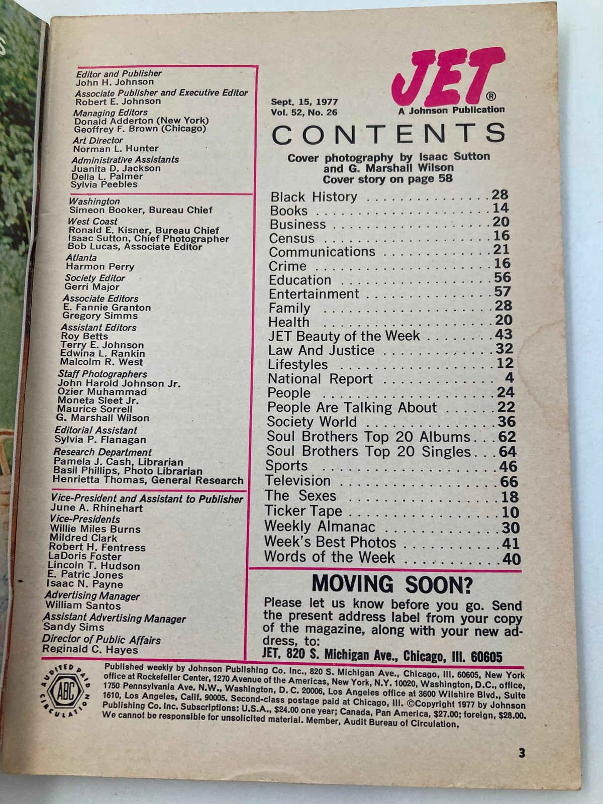 Contents page of VTG Jet Magazine, September 15, 1977, showcasing the issue’s editorial team and topics including music history and entertainment.