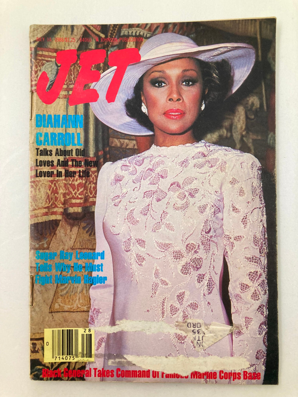 Cover of VTG Jet Magazine July 14 1986 featuring Diahann Carroll in elegant attire and a wide-brimmed hat, highlighting the article about Sugar Ray Leonard's fight and his thoughts on love.