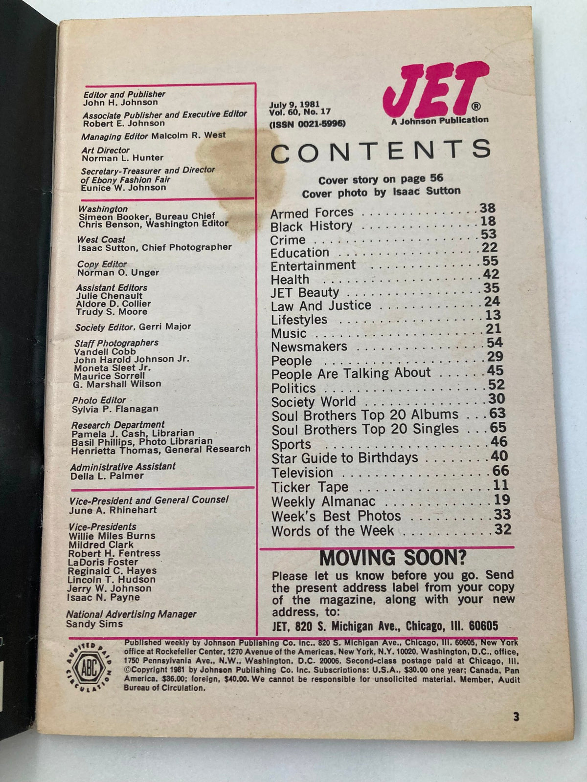 Table of contents from the VTG Jet Magazine July 9, 1981, Vol 60 #17, highlighting various features including entertainment, health, and society topics. This magazine spotlights Smokey Robinson as a cultural icon of the time.