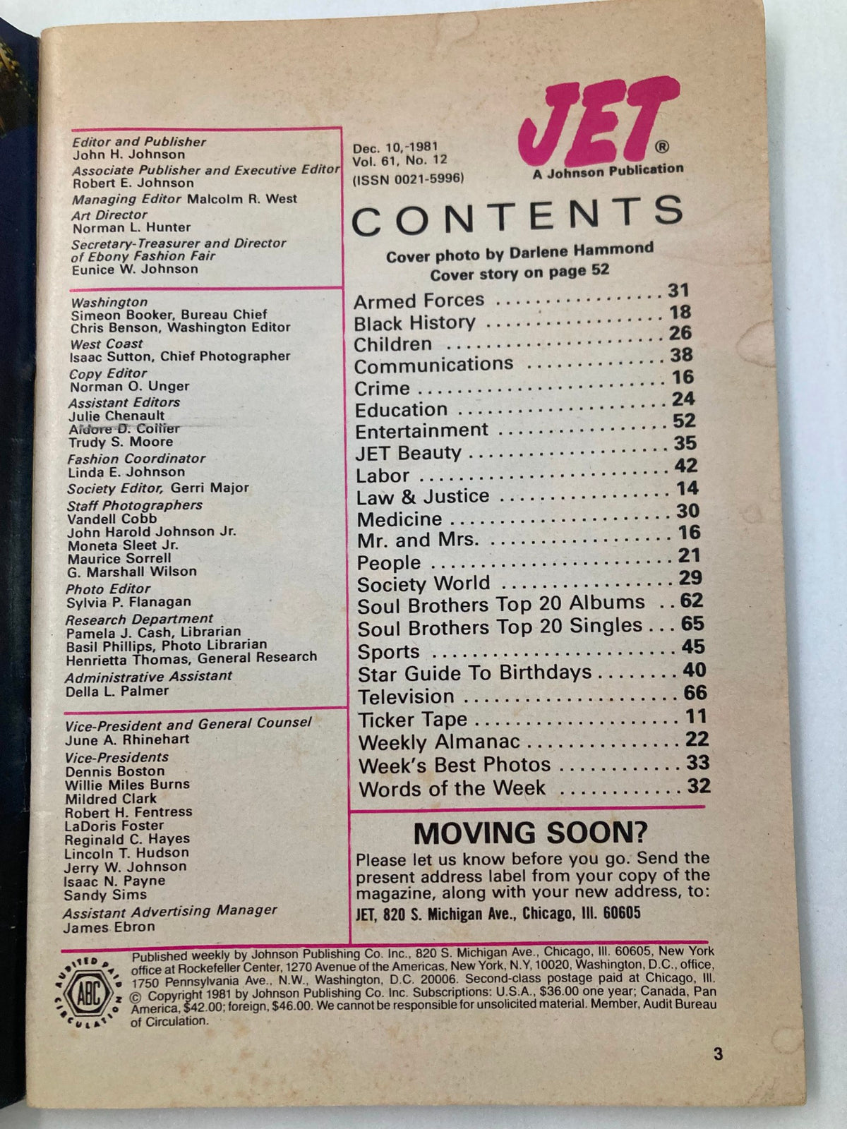Contents page of VTG Jet Magazine from December 10, 1981, Volume 61 Number 12, listing various articles and features.