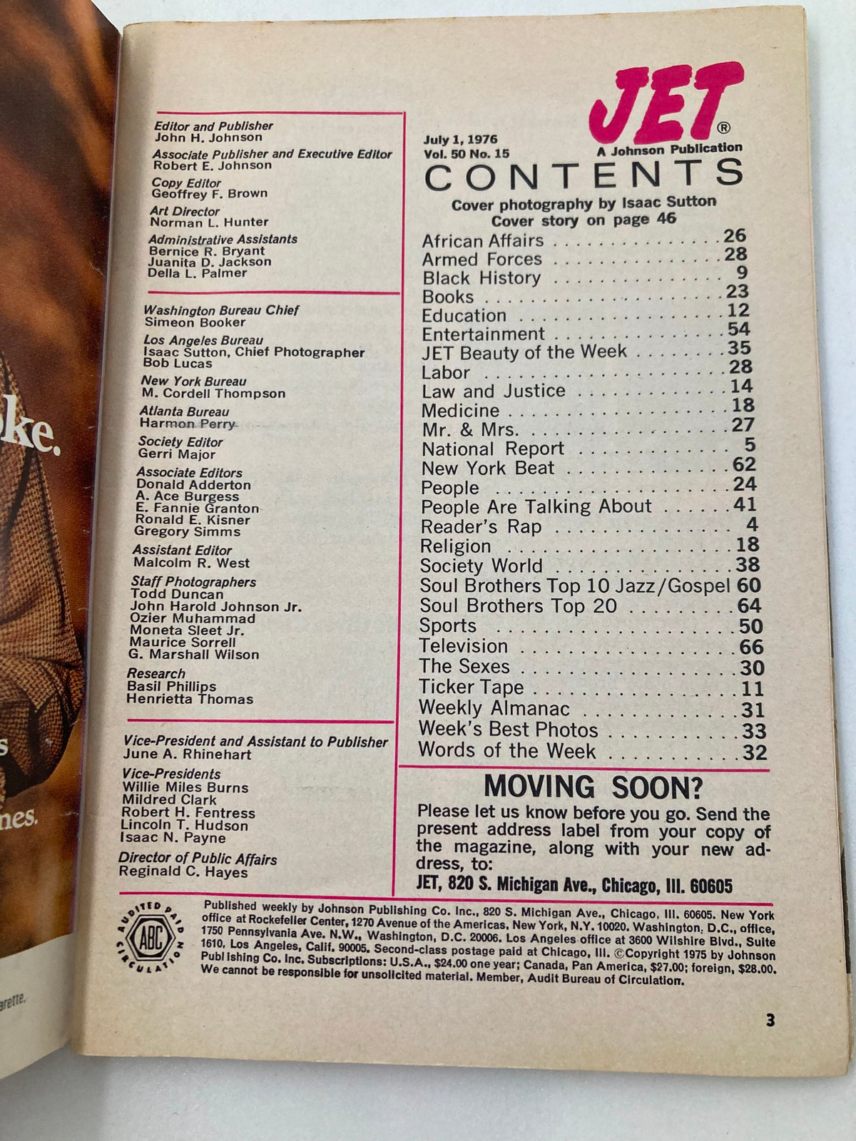 Contents page of Jet Magazine dated July 1, 1976, Vol 50 #15 featuring Freda Payne. Includes section titles like African Affairs, Entertainment, and Beauty of the Week.