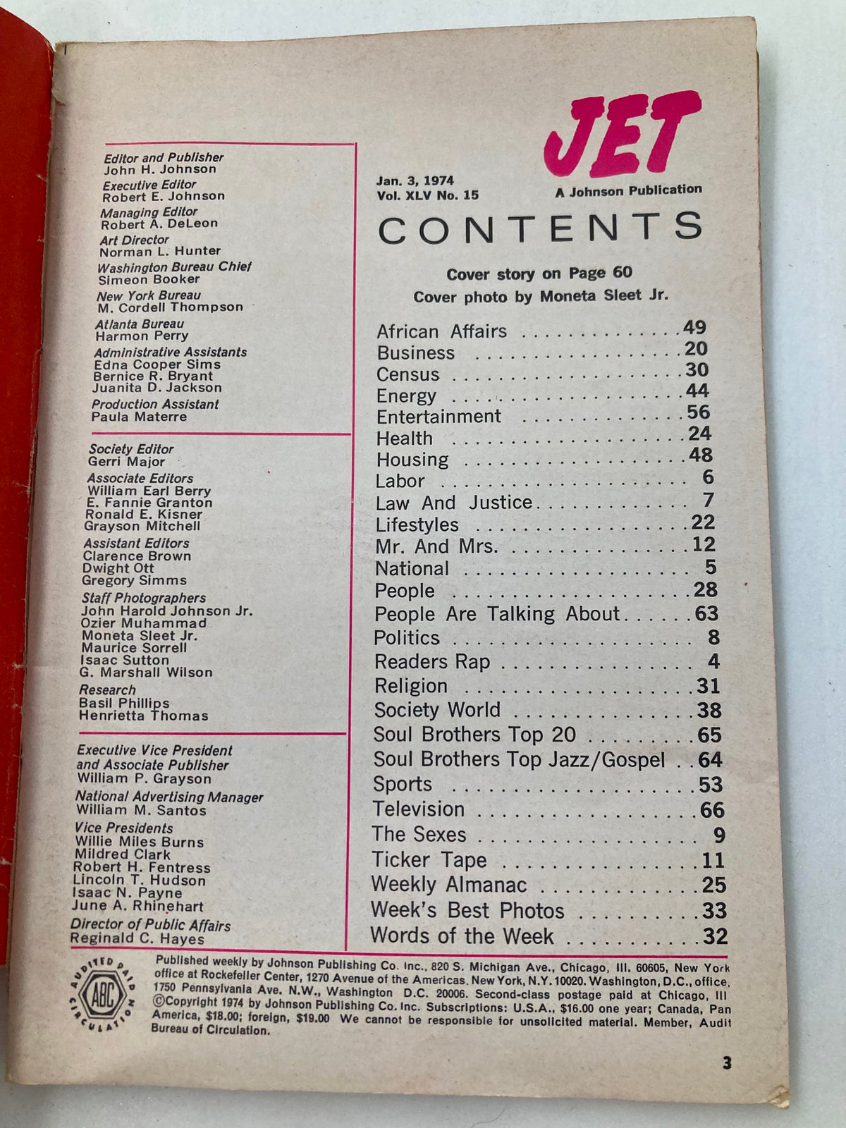 Contents page of Jet Magazine January 3, 1974, Volume 45 Number 15 featuring editor and publisher details, major sections such as African Affairs, Business, Entertainment, and notable personalities like Moms Mabley and Norris Sutton.