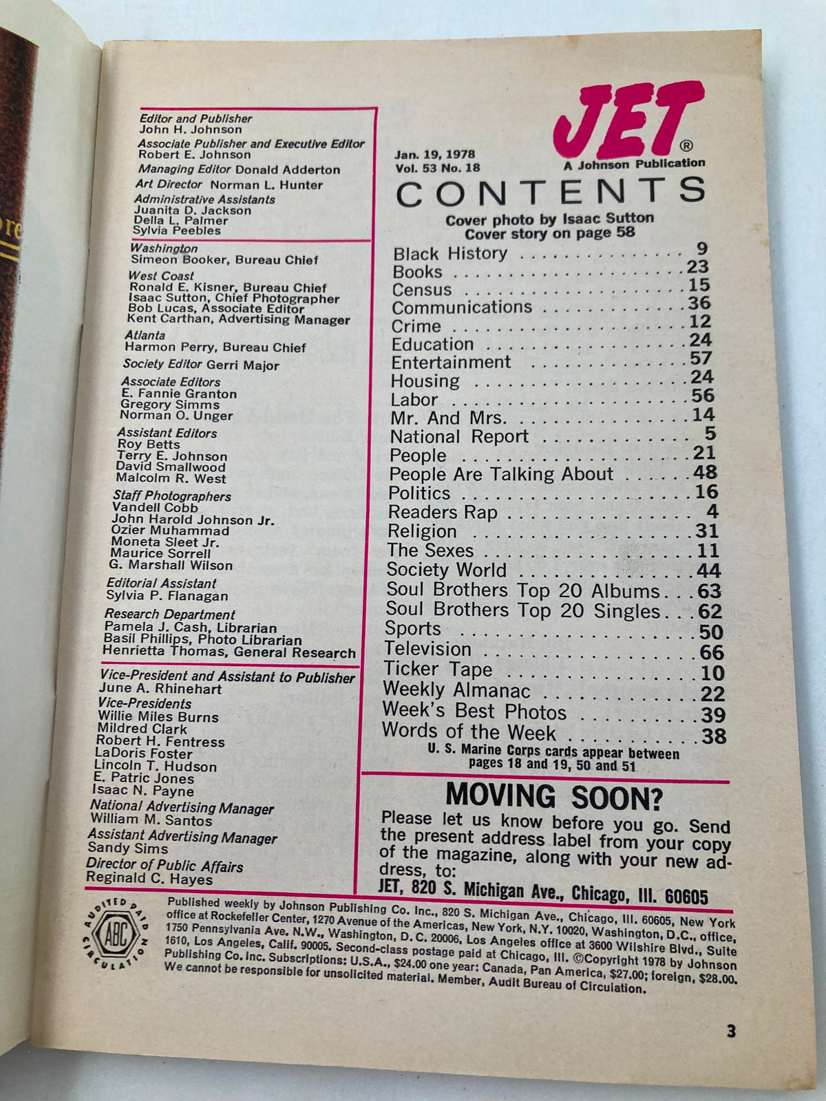 Table of Contents page from VTG Jet Magazine January 19, 1978, Volume 53, Issue 18, detailing features on Black history, entertainment, and current events of the time.