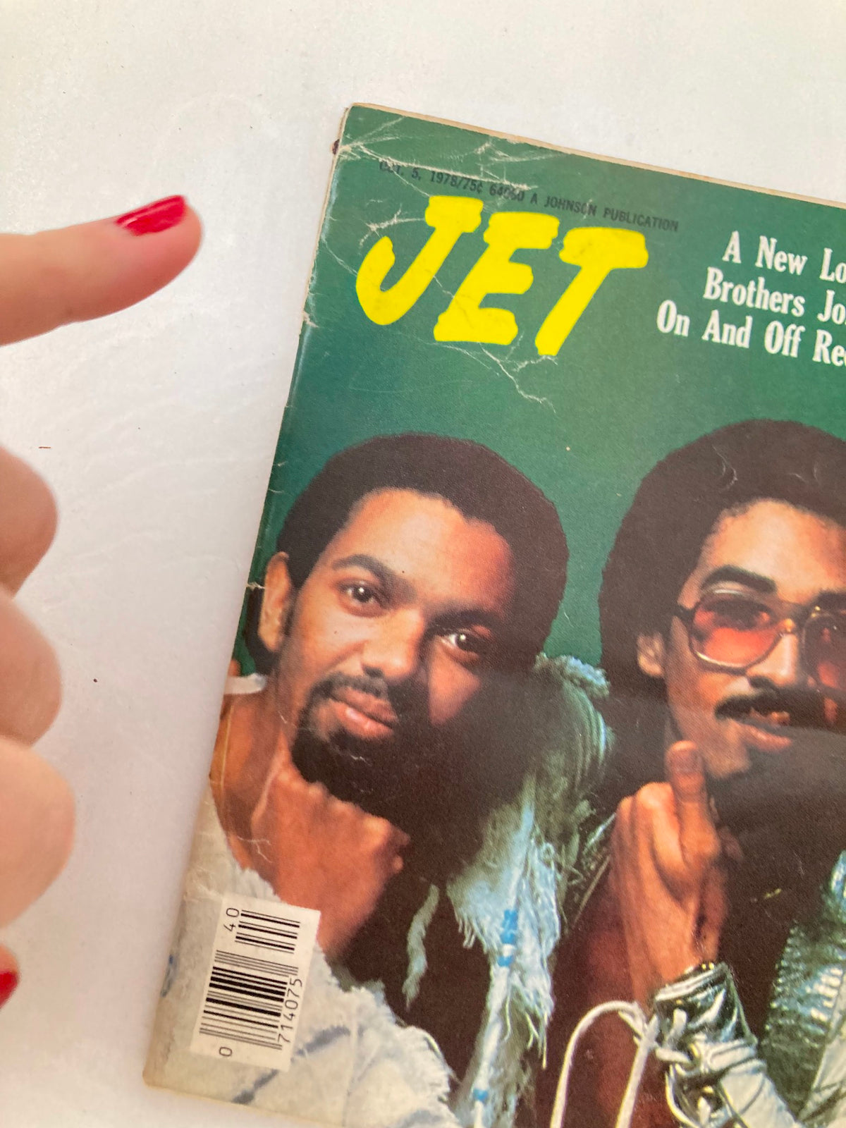 Close-up detail of VTG Jet Magazine October 5 1978 cover showcasing Brothers Johnson and the magazine's iconic logo.