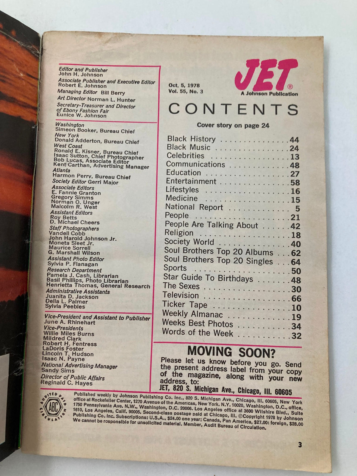 Inside contents page of VTG Jet Magazine October 5 1978, listing featured articles and sections including Black History and Black Music.