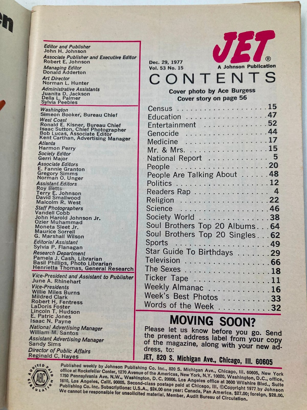 Contents page of the December 29, 1977 issue of Jet Magazine, highlighting articles and topics covered in Volume 53, Number 15.