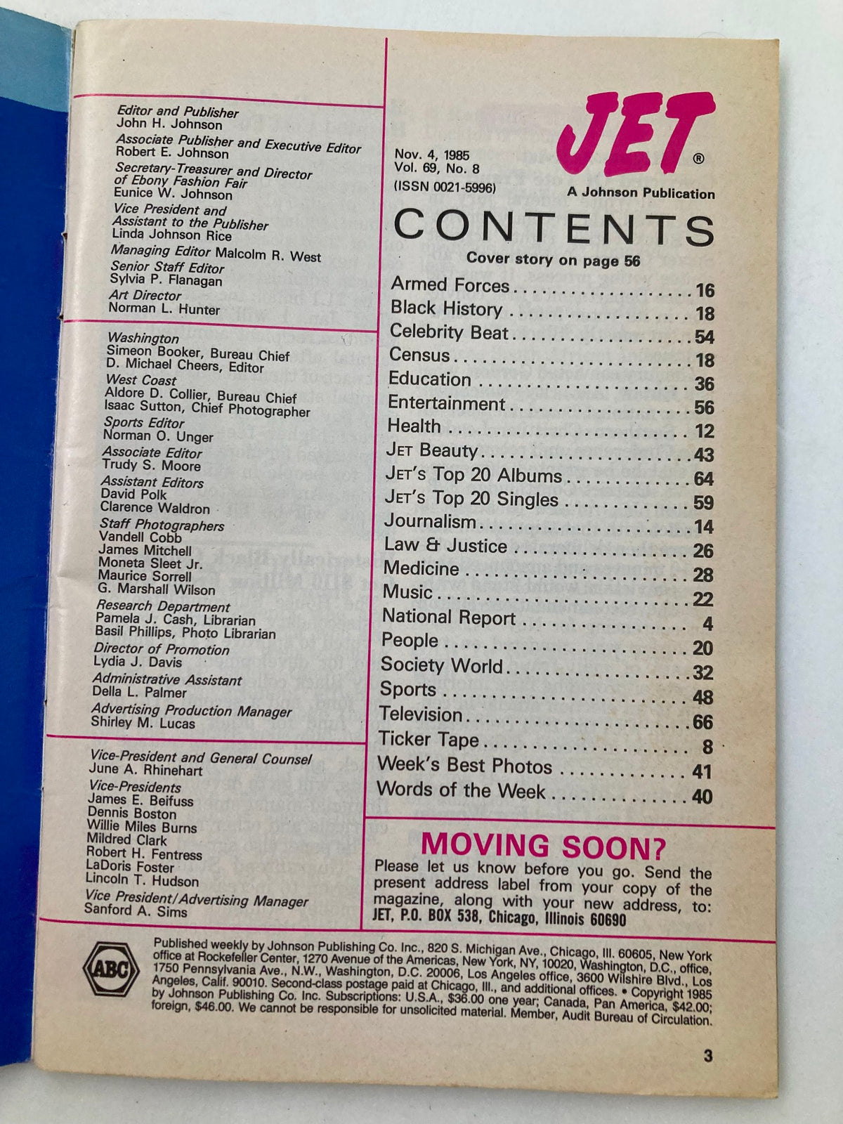 Contents page of VTG Jet Magazine November 4 1985 Vol 69 #8, listing various sections including Armed Forces, Black History, and Entertainment.