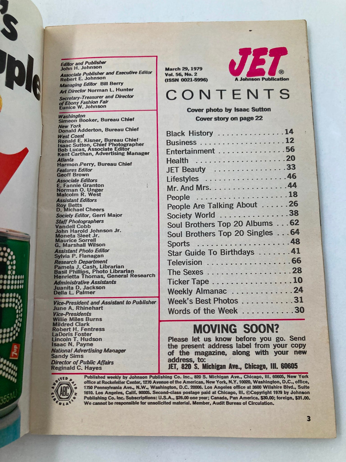 Inside page of the Jet Magazine dated March 29, 1979, Volume 56, Issue #2, displaying the Table of Contents. This page outlines articles related to health, lifestyle, and more, reflective of the magazine's focus on fitness trends during this era.