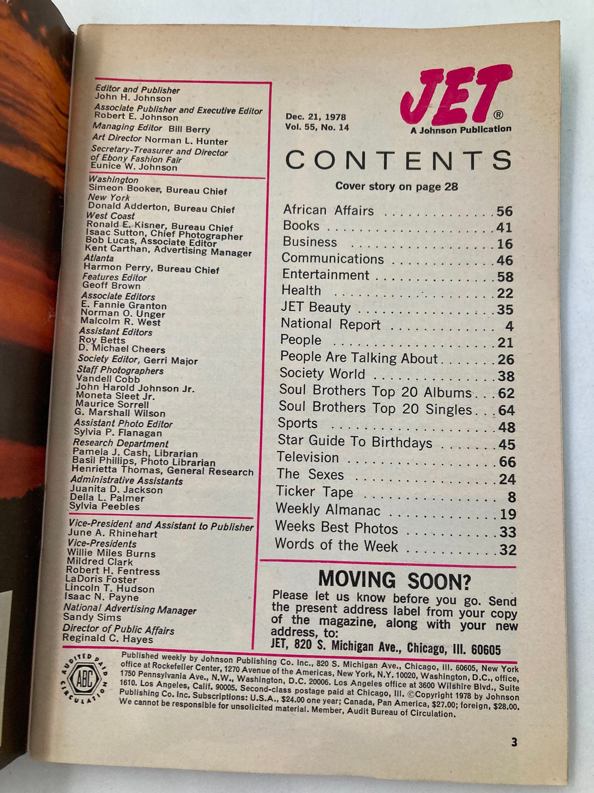 Contents page of VTG Jet Magazine December 21 1978 detailing various sections including African Affairs and Entertainment, reflecting the magazine's diverse coverage during the late 1970s.