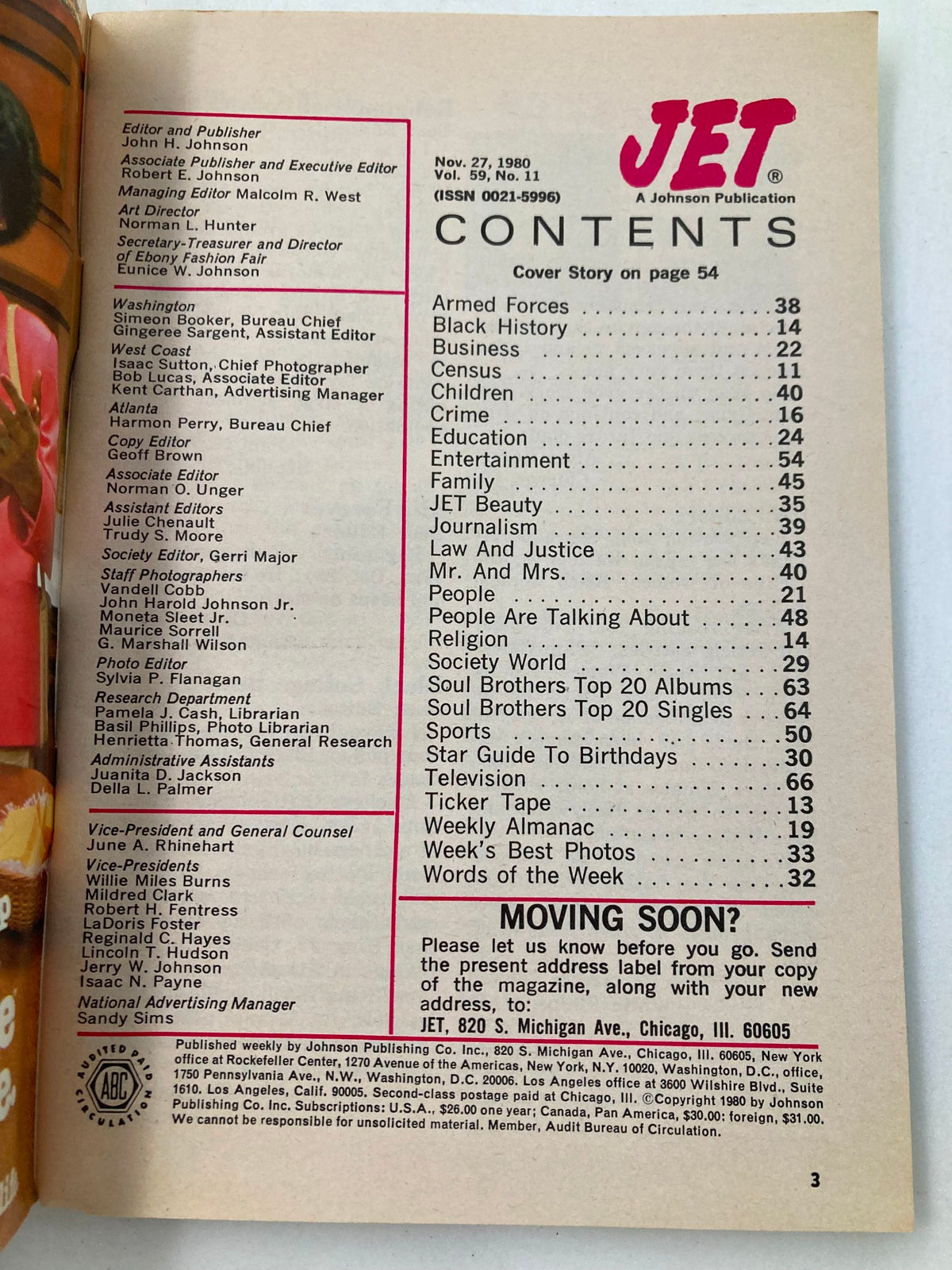 Contents page of Vintage Jet Magazine dated November 27, 1980, Volume 59, Issue 11, listing various articles including entertainment, black history, and television.
