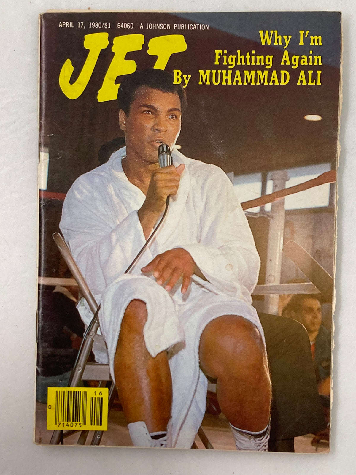 Cover of VTG Jet Magazine April 17 1980 Vol 58 #5 featuring Muhammad Ali with a microphone, discussing his return to boxing. Magazine is in good condition, showcasing promotional text on the cover.