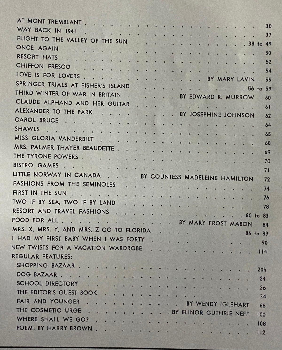 Table of contents from Harper's Bazaar Magazine January 1942 showcasing articles and features like 'Little Norway in Canada' and fashion highlights.