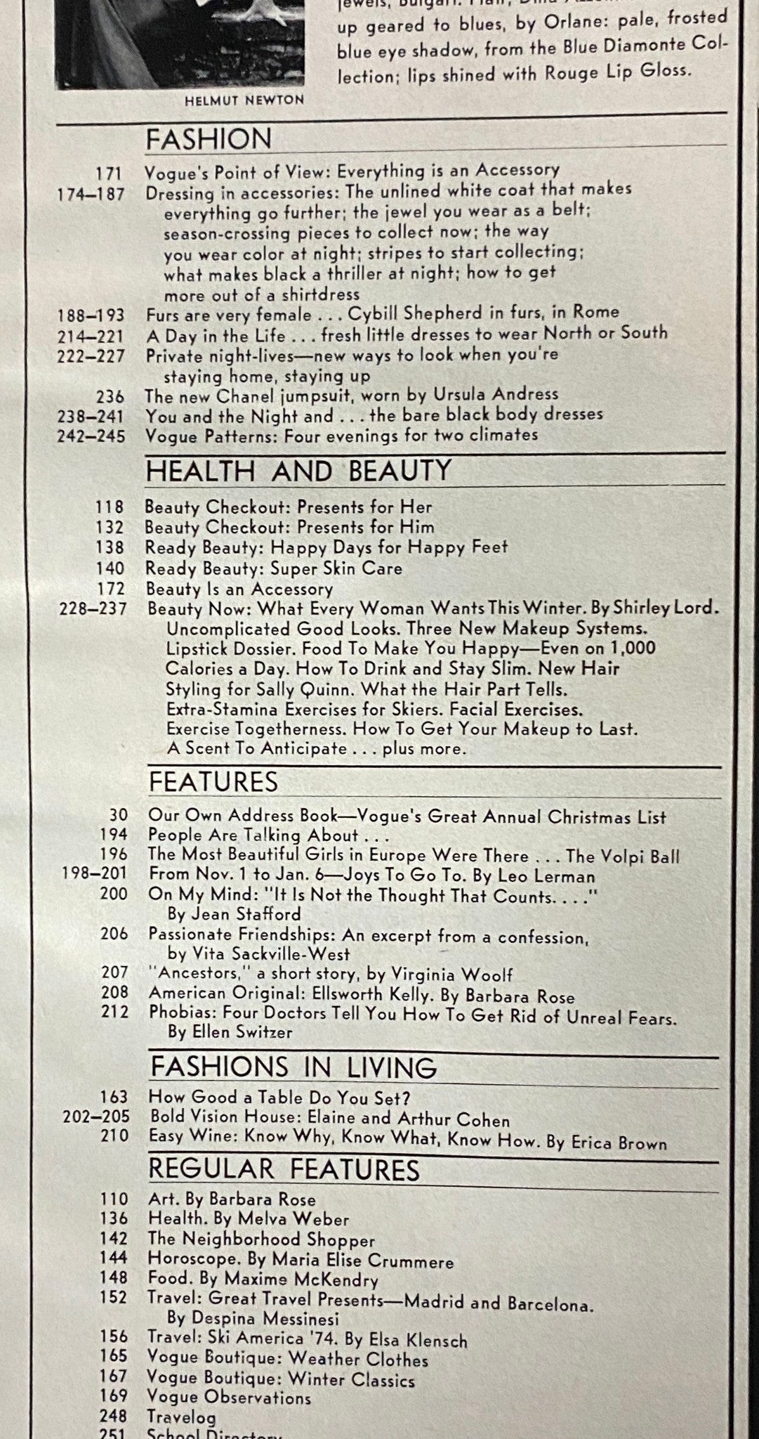 Table of contents from Vogue Magazine November 1973 listing fashion, health, and beauty articles including Cybill Shepherd's feature.