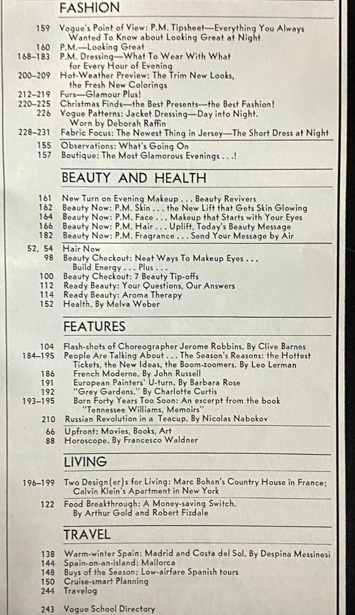 Table of contents from Vogue Magazine November 1975, detailing articles on fashion, beauty, health, and features reflecting the cultural vibe of the 70s.