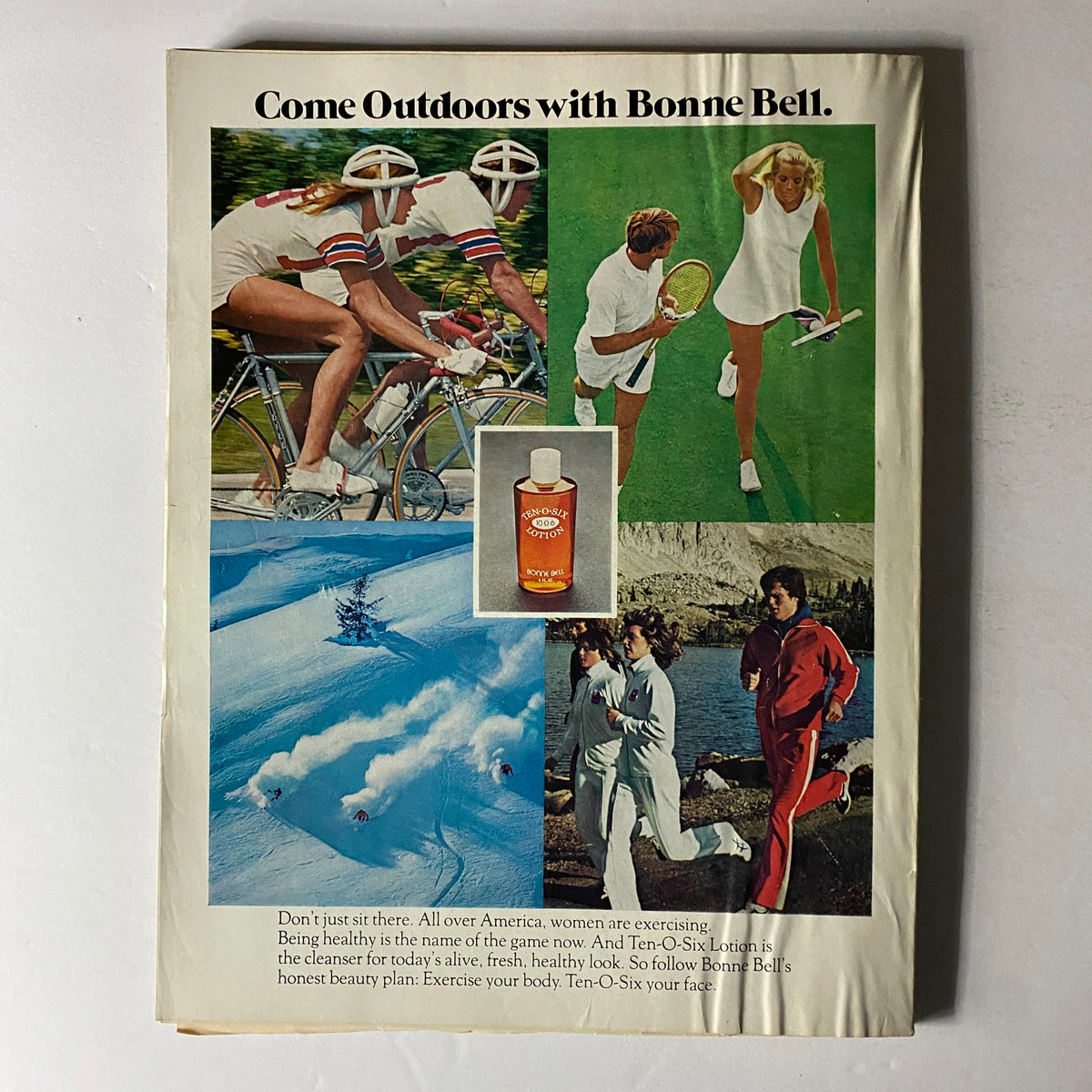 Back cover of Vogue Magazine November 1975 promoting Bonne Bell with vibrant outdoor activities, embodying the era's health and beauty themes.