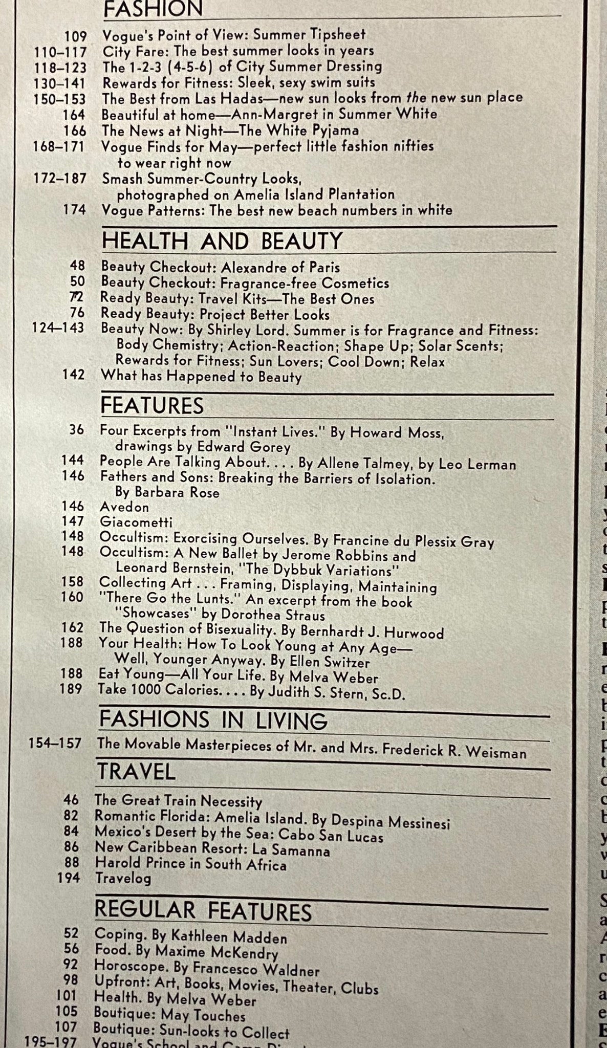 Table of contents from Vogue Magazine May 1974, displaying articles on fashion, health, and beauty.