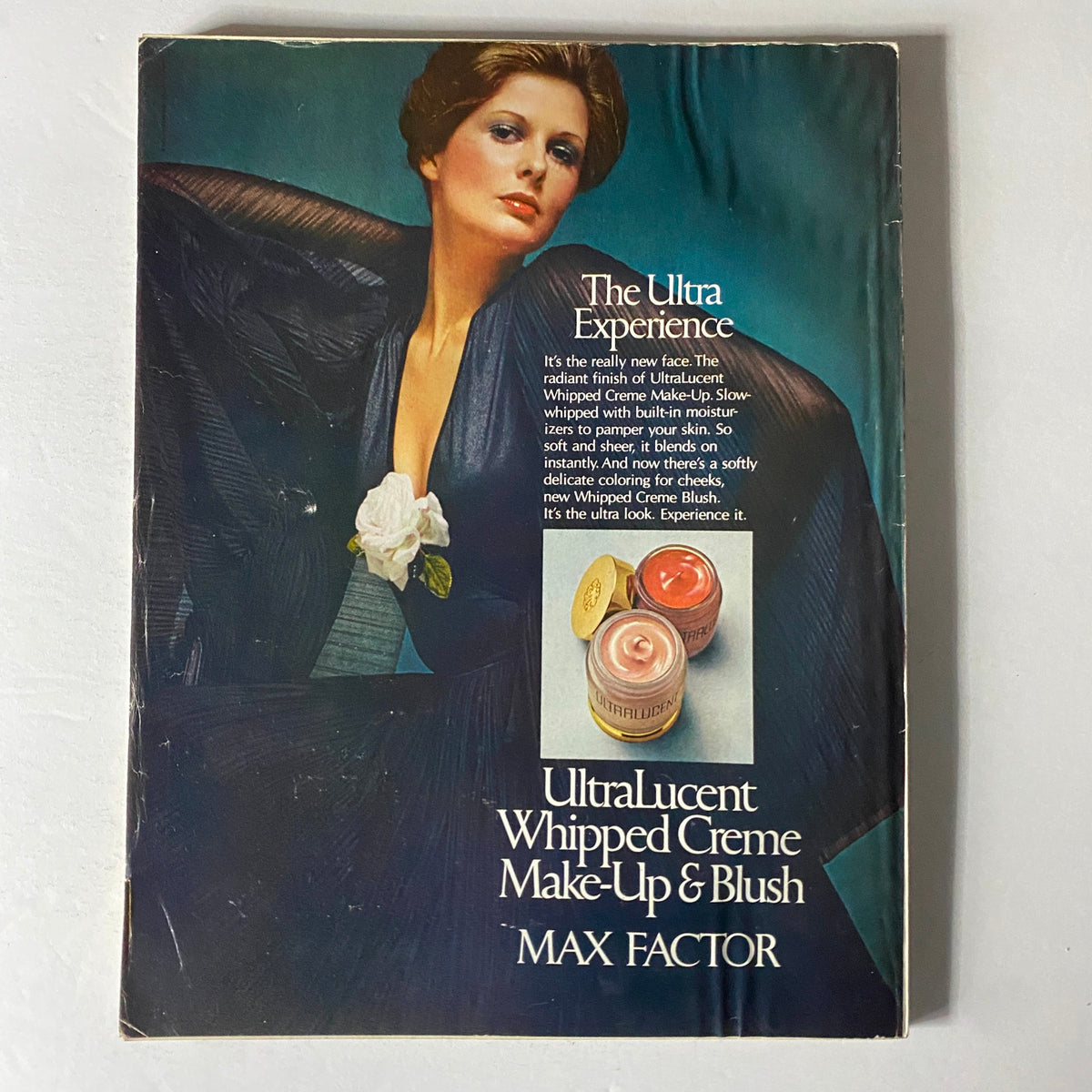 Back cover of Vogue Magazine May 1974 featuring an advertisement for Max Factor's UltraLucent Whipped Creme Make-Up & Blush.