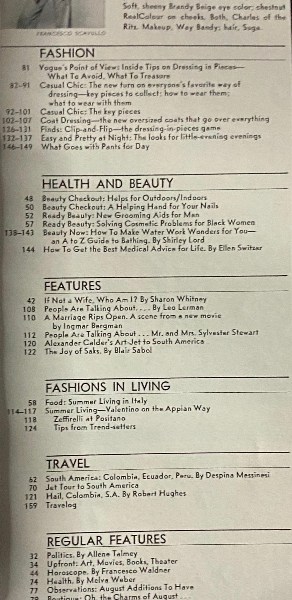 Table of contents from Vogue Magazine August 1974 detailing fashion, health, beauty, and travel articles, reflecting the cultural trends of the 1970s.