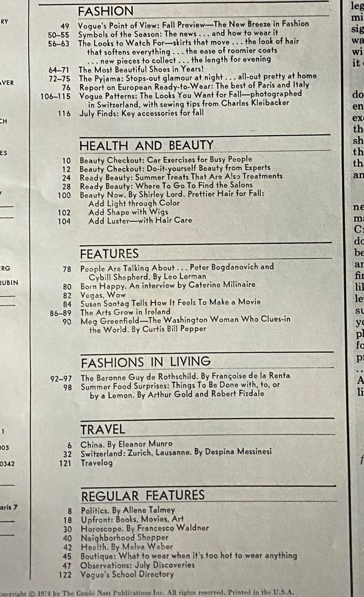 Contents page of Vogue Magazine July 1974 - Inside details of the vintage magazine including articles on fashion, health, beauty, and lifestyle trends relevant to the 1970s.