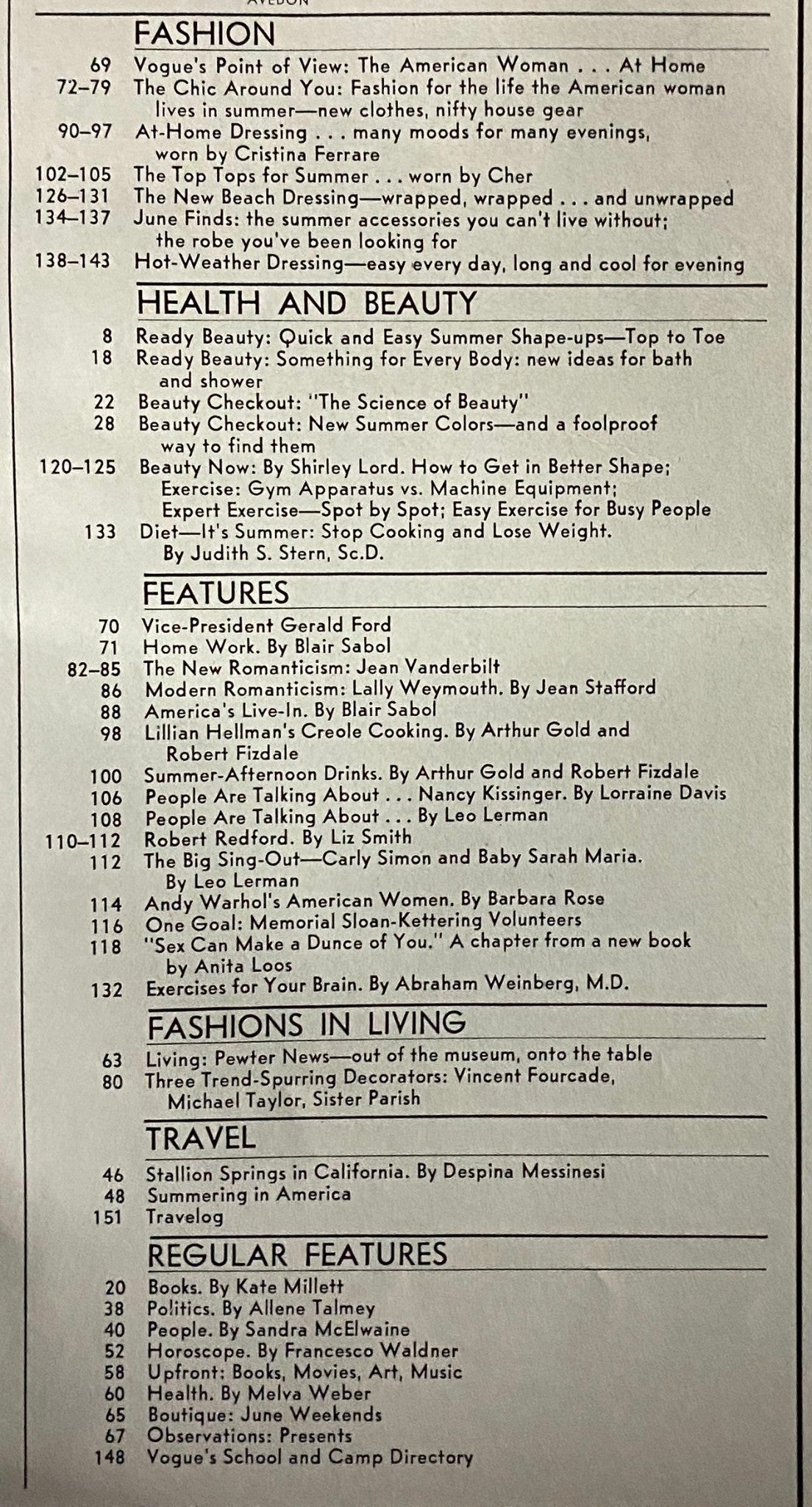 Table of contents from Vogue Magazine June 1974, detailing featured articles on fashion, health, and beauty, emphasizing the cultural and societal themes of the 1970s.