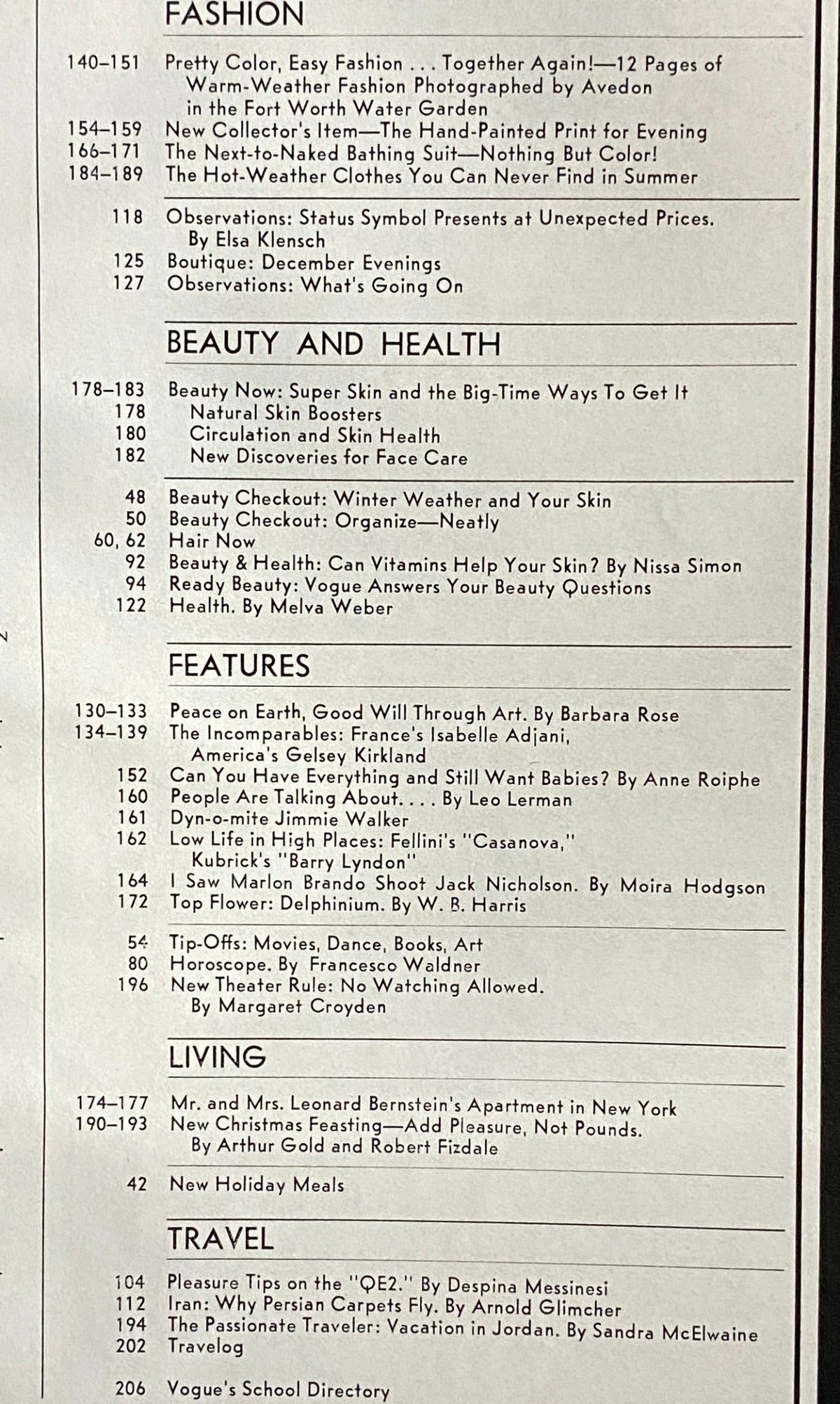 Table of contents from Vogue Magazine December 1975 featuring fashion and beauty highlights, including articles on 'Pretty Color, Easy Fashion' and 'Super Skin'.