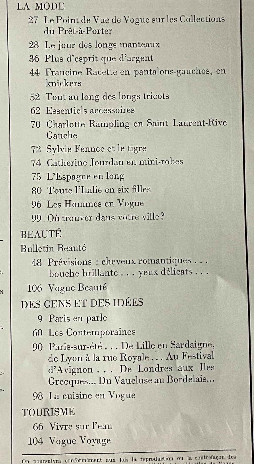 Contents page of Vogue Paris Magazine August 1970 featuring articles on fashion, beauty, and lifestyle, highlighting the influence of the era's cultural trends.