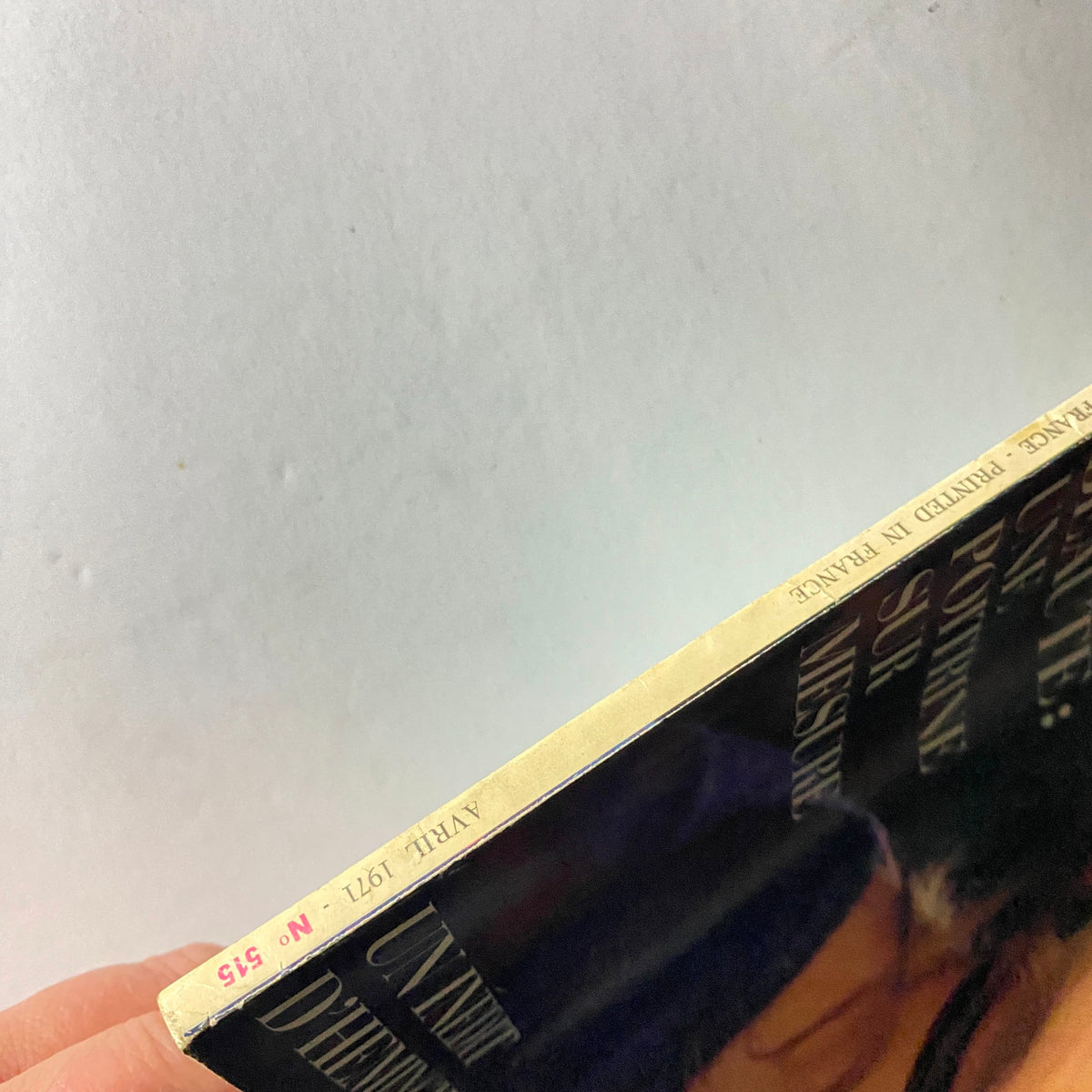 Side view of Vogue Paris Magazine April 1971, detailing the spine with print information. This original issue with Candice Bergen on the cover is a rare find for collectors of vintage fashion magazines.