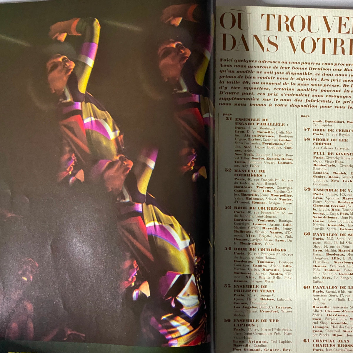 Fashion editorial spread from Vogue Paris April 1971 showcasing vibrant clothing styles.