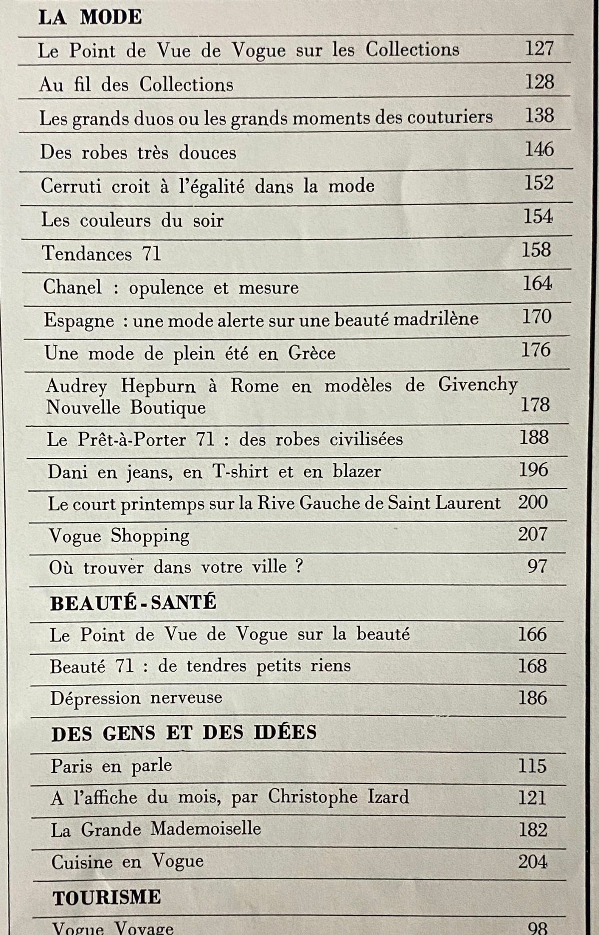 Table of contents page from Vogue Paris Magazine March 1971 featuring Audrey Hepburn cover, detailing fashion articles and insights from the early 1970s.