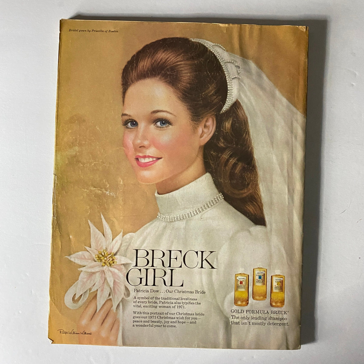 Vintage advertisement of Breck shampoo featuring a bride in a wedding dress, symbolizing traditional beauty. This artwork is part of Vogue Magazine December 1971, the Gala Christmas Issue.