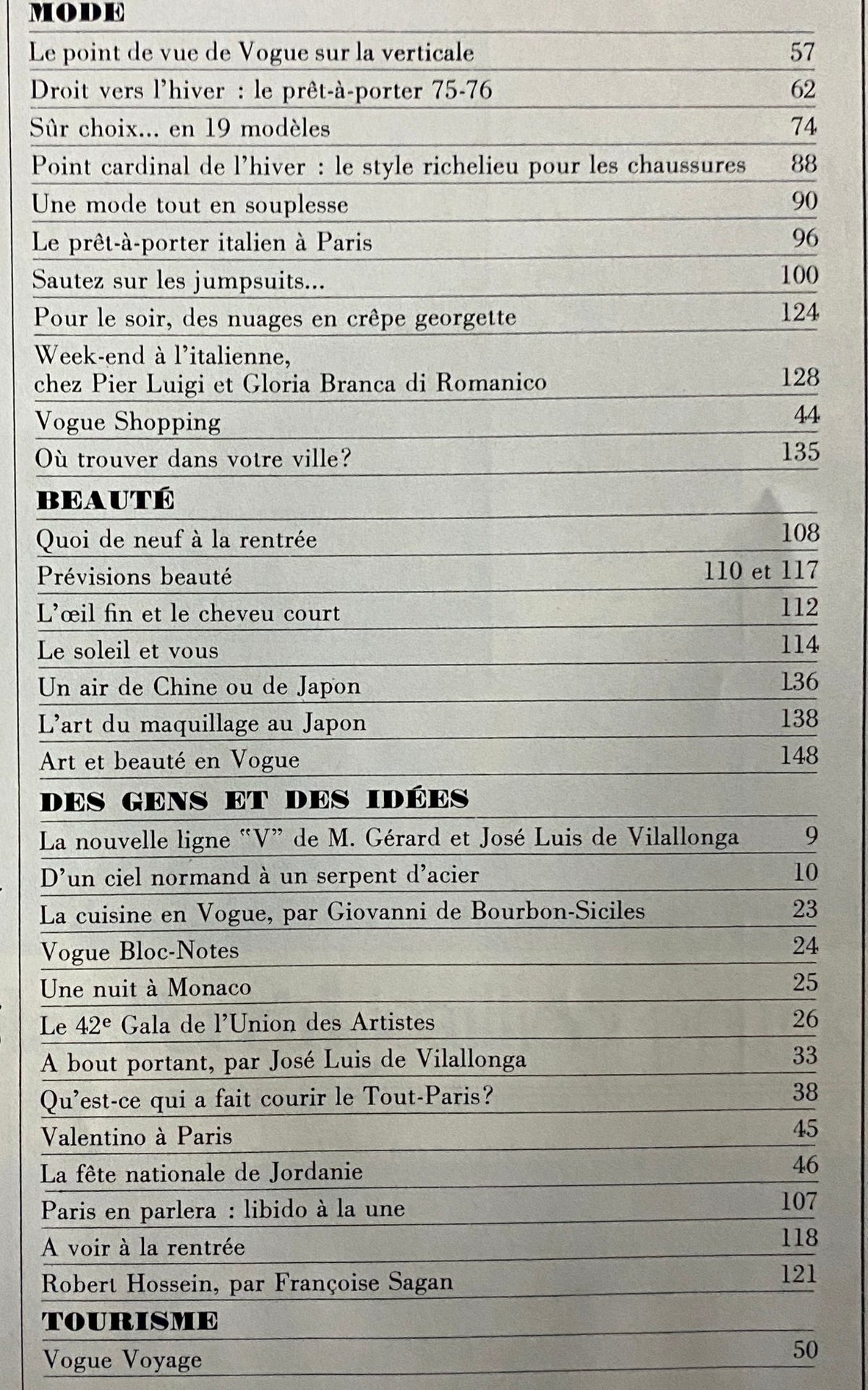 Table of contents page from Vogue Paris Magazine August 1975, detailing fashion and beauty topics covered in the issue.