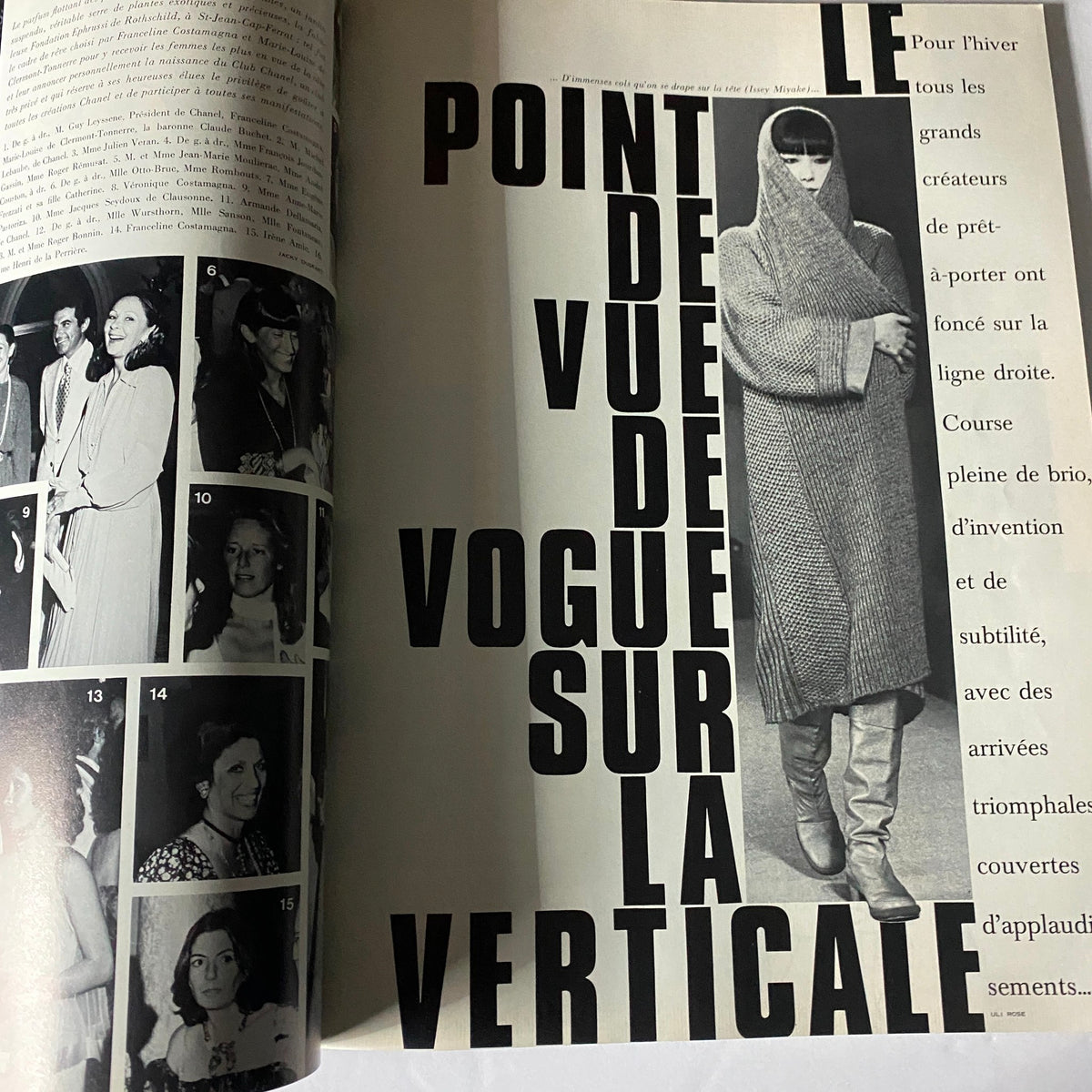 Highlighted fashion photo spread from Vogue Paris Magazine August 1975 discussing designer collections and styles.